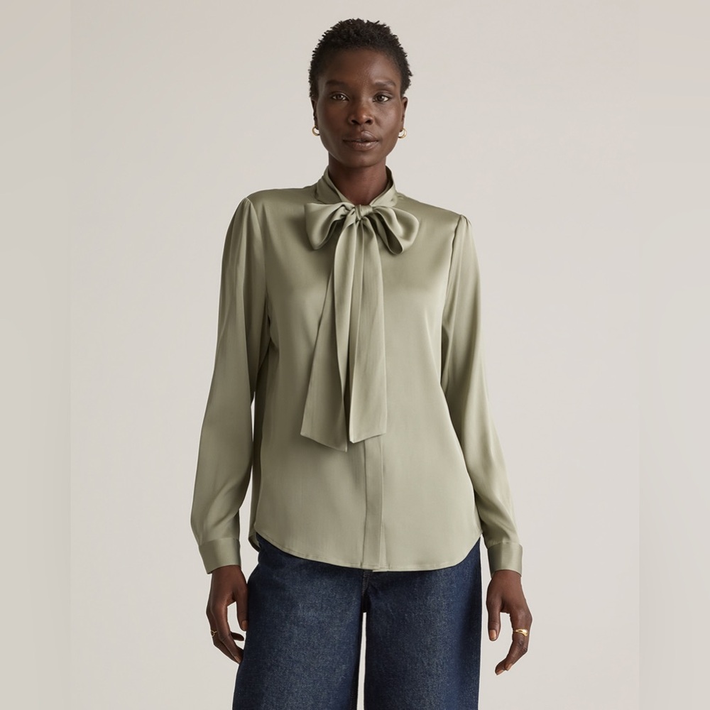 quince washable stretch silk tie neck blouse